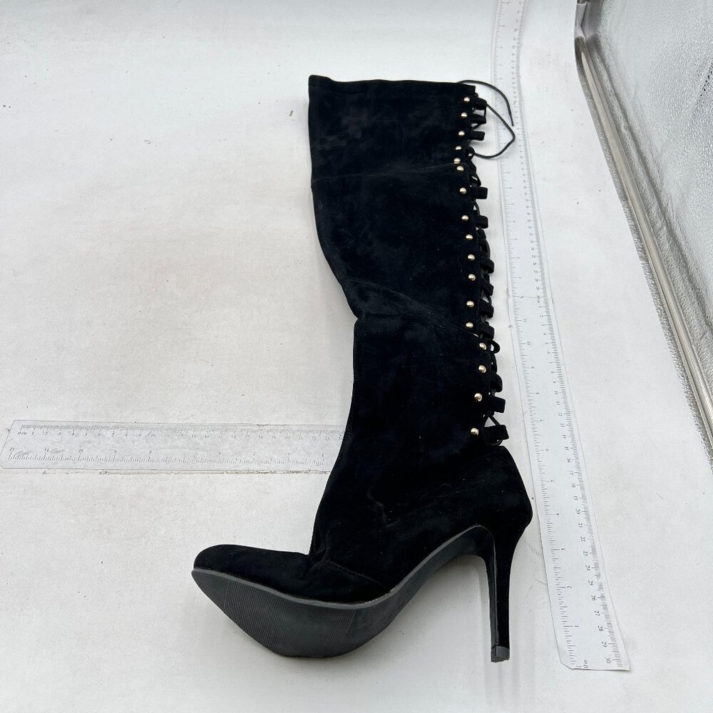 Black Pointed Toe Thigh High Heel Boot Stiletto Lace-up Suede Winter Zipper Shoe